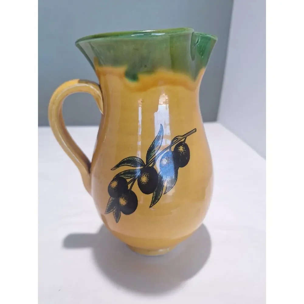 Vintage Hand Thrown Art Pottery Olive Branch Pitcher 7.5